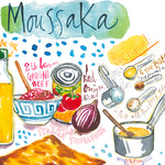 close-up image of a Greek moussaka recipe fine art print in watercolor featuring the ingredients and the finished dish, along with handwritten instructions in English