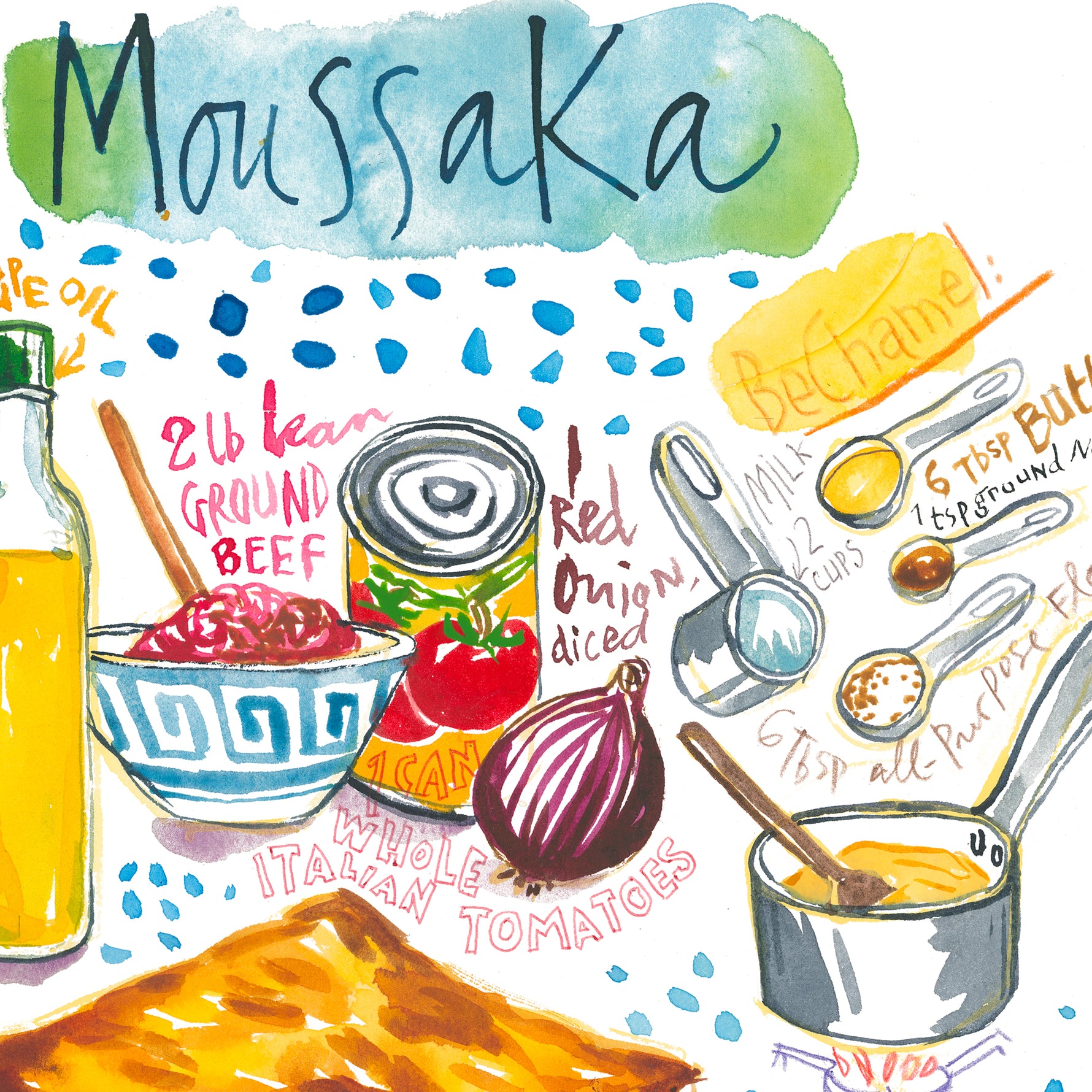 close-up image of a Greek moussaka recipe fine art print in watercolor featuring the ingredients and the finished dish, along with handwritten instructions in English