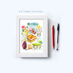 Watercolor moussaka recipe print displayed in a 5×7 frame to show scale.