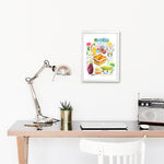 moussaka recipe fine art print in watercolor featuring the ingredients and the finished dish, along with handwritten instructions in English. The framed poster hanging in a working space.