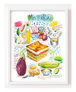 Moussaka recipe fine art print in watercolor featuring the ingredients and the finished dish, along with handwritten instructions in English.