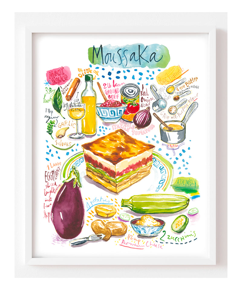Moussaka recipe fine art print in watercolor featuring the ingredients and the finished dish, along with handwritten instructions in English.