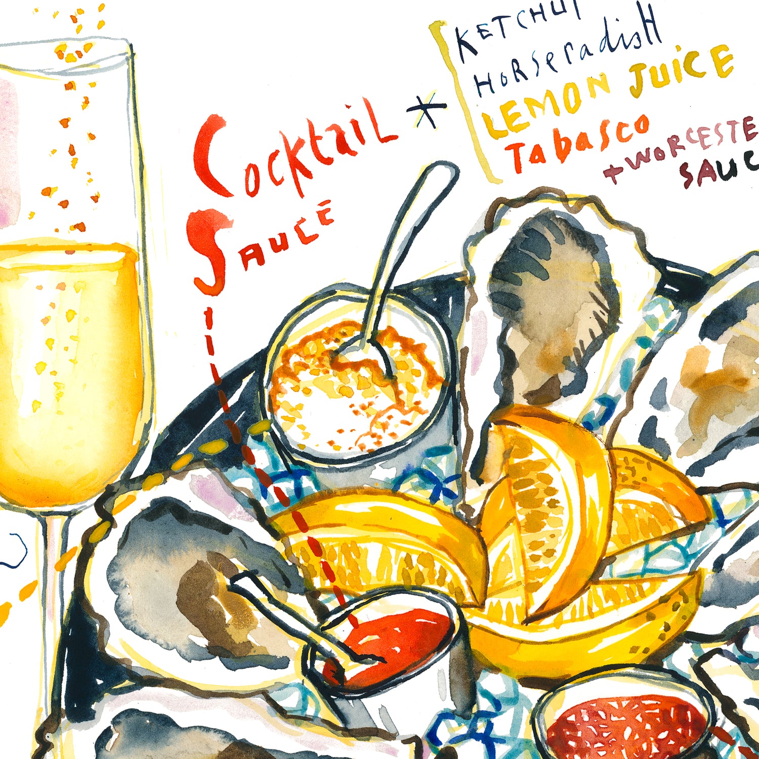 Oysters, Mignonette, Cocktail Sauce and Horseradish with Champagne and Sparkling Wine