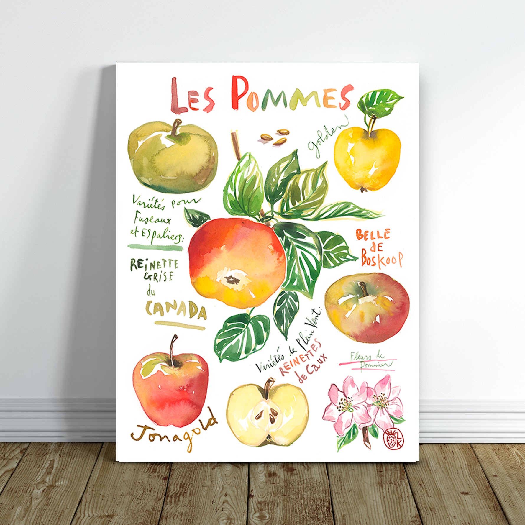 watercolor apples varieties art print framed in a home space