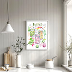 pickled vegetables recipe fine art print in watercolor featuring the ingredients and three jars of mixed veggies, along with handwritten instructions in English. The framed poster hanging in a kitchen space.