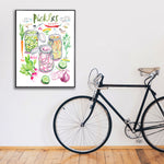 pickled vegetables recipe fine art print in watercolor featuring the ingredients and three jars of mixed veggies, along with handwritten instructions in English. The framed poster hanging in a home decor