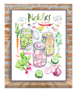 pickled vegetables recipe fine art print in watercolor featuring the ingredients and three jars of mixed veggies, along with handwritten instructions in English.