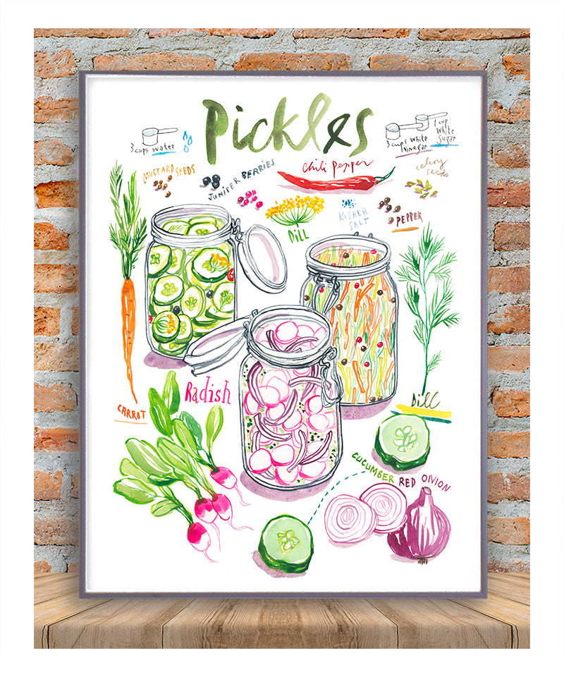 pickled vegetables recipe fine art print in watercolor featuring the ingredients and three jars of mixed veggies, along with handwritten instructions in English.