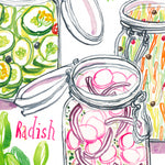 close-up image of pickled vegetables recipe fine art print in watercolor featuring the ingredients and three jars of mixed veggies, along with handwritten instructions in English.