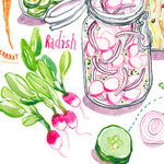 close-up image of pickled vegetables recipe fine art print in watercolor featuring the ingredients and three jars of mixed veggies, along with handwritten instructions in English.