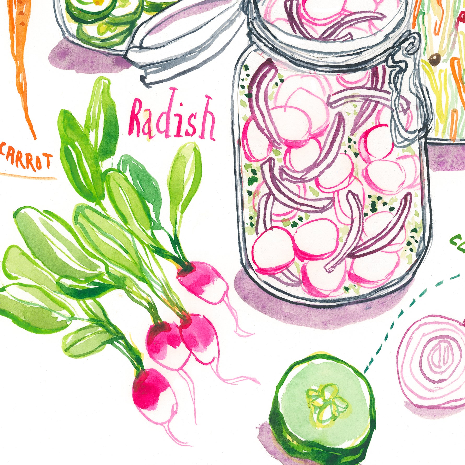 close-up image of pickled vegetables recipe fine art print in watercolor featuring the ingredients and three jars of mixed veggies, along with handwritten instructions in English.