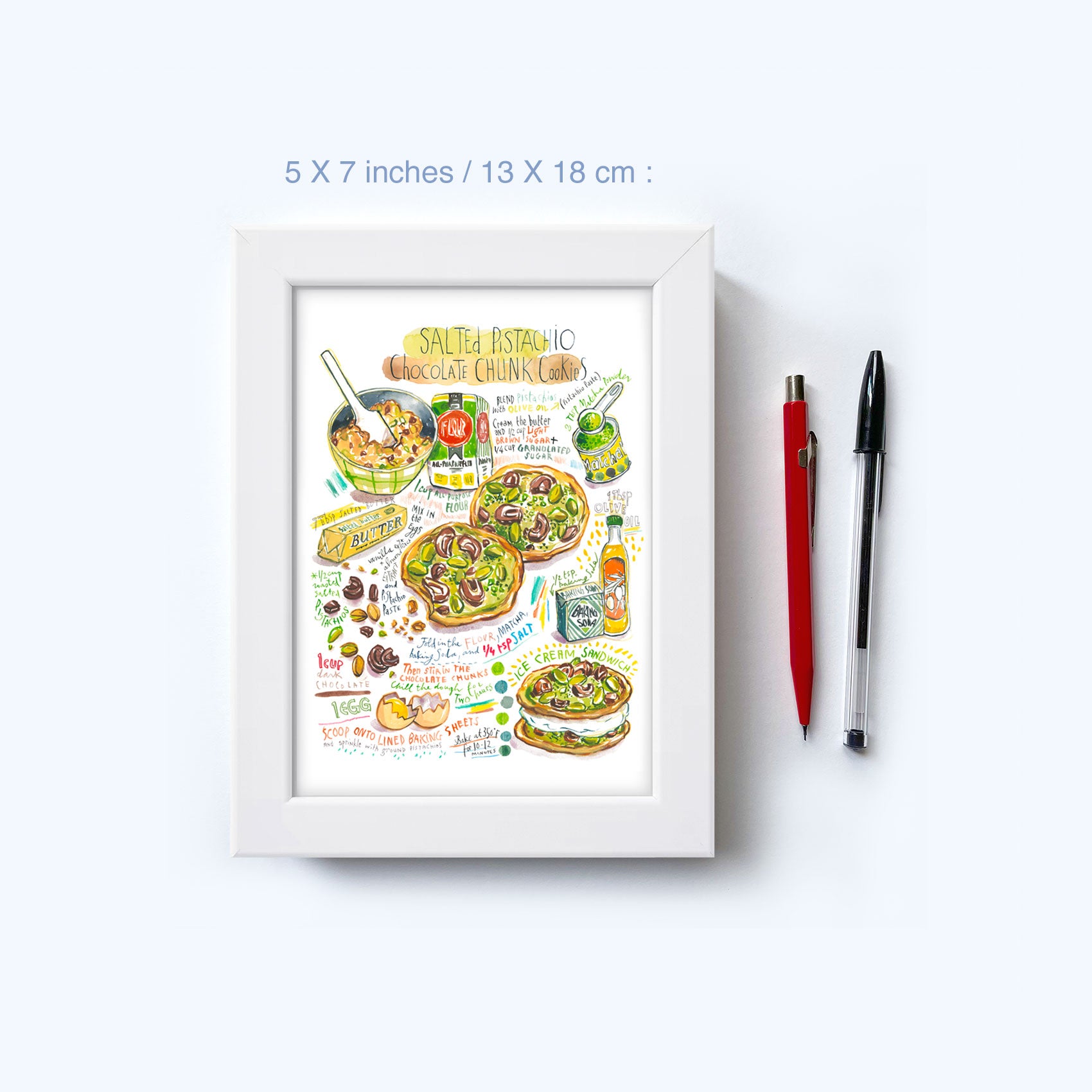 Watercolor pistachio cookie recipe print displayed in a 5×7 frame to show scale.