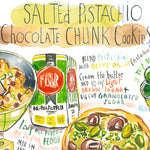 close-up image of pistachio cookie recipe fine art print in watercolor featuring the ingredients and two cookies, along with handwritten instructions in English.
