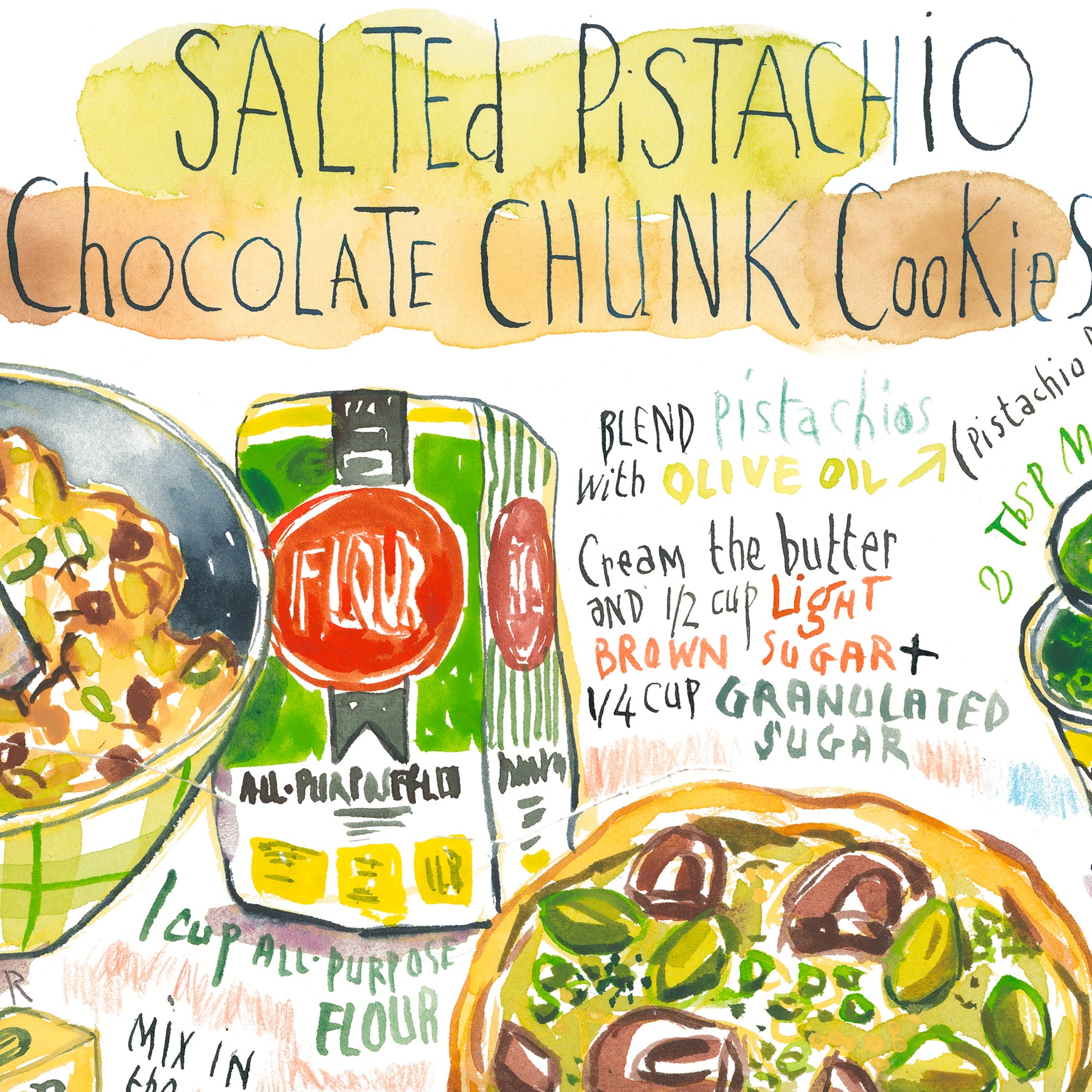 close-up image of pistachio cookie recipe fine art print in watercolor featuring the ingredients and two cookies, along with handwritten instructions in English.