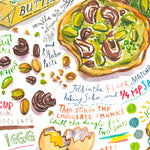 close-up image of pistachio cookie recipe fine art print in watercolor featuring the ingredients and two cookies, along with handwritten instructions in English.