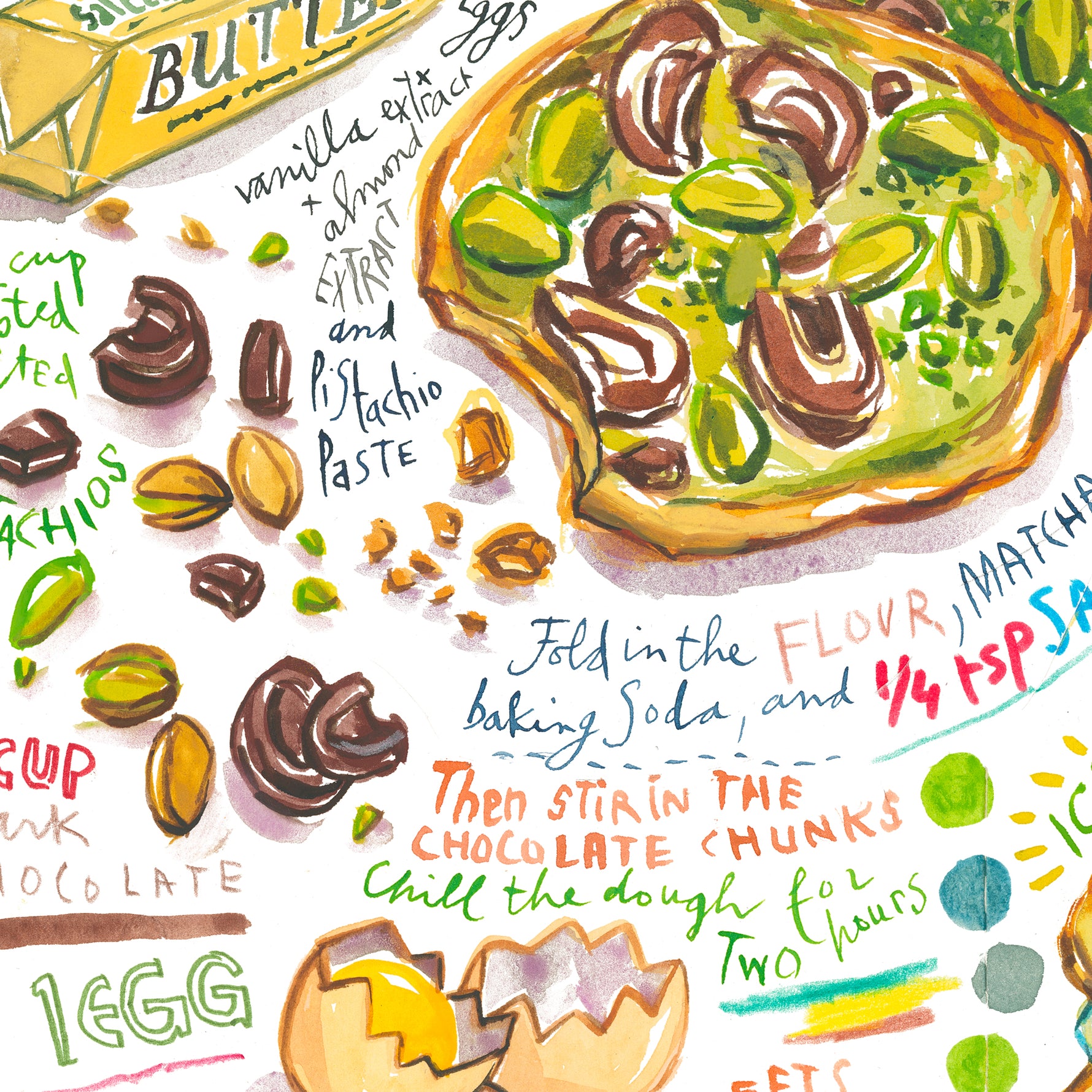 close-up image of pistachio cookie recipe fine art print in watercolor featuring the ingredients and two cookies, along with handwritten instructions in English.