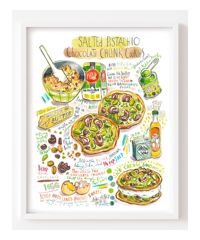 Salted Pistachio Chocolate Chunk Cookie Recipe fine art print in watercolor featuring the ingredients and two cookies, along with handwritten instructions in English.