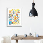 potato latkes recipe fine art print in watercolor featuring the ingredients and the finished dish, along with handwritten instructions in English. The framed poster hanging in a dining space.