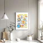 potato latkes recipe fine art print in watercolor featuring the ingredients and the finished dish, along with handwritten instructions in English. The framed poster hanging in a kitchen space.