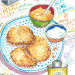 close-up image of a potato latkes recipe fine art print in watercolor featuring the ingredients and the finished dish, along with handwritten instructions in English.