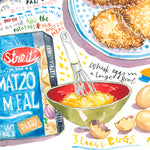 close-up image of a potato latkes recipe fine art print in watercolor featuring the ingredients and the finished dish, along with handwritten instructions in English.