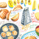 close-up image of a potato latkes recipe fine art print in watercolor featuring the ingredients and the finished dish, along with handwritten instructions in English.