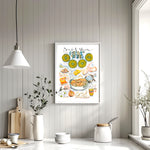 Senegalese yassa chicken recipe fine art print in watercolor featuring the ingredients and the finished dish, along with handwritten instructions in French. The framed poster hanging in a kitchen.