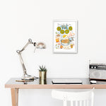 Senegalese yassa chicken recipe fine art print in watercolor featuring the ingredients and the finished dish, along with handwritten instructions in French. The framed poster hanging in a working space.