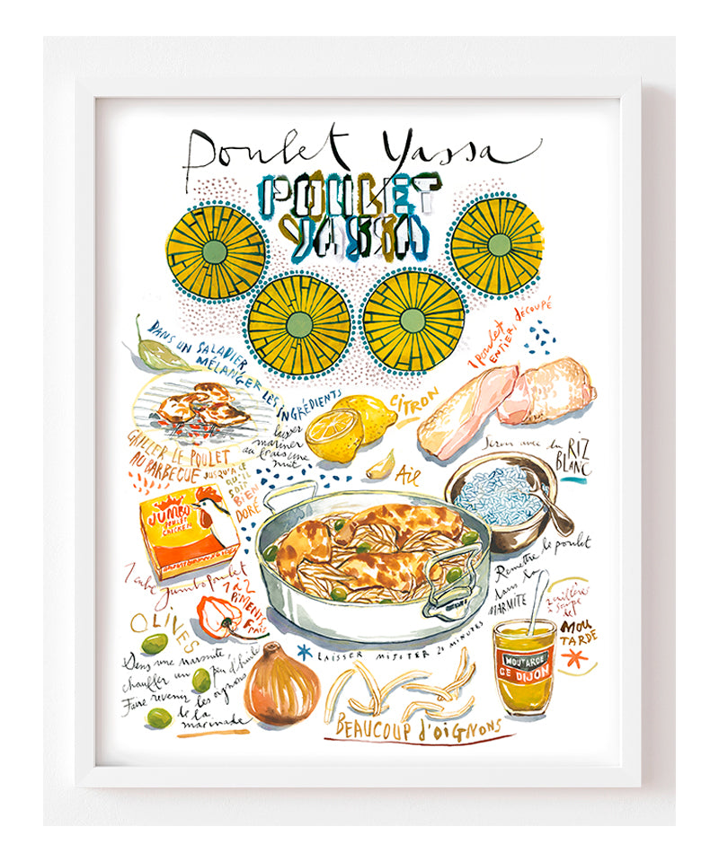 Senegalese yassa chicken recipe fine art print in watercolor featuring the ingredients and the finished dish, along with handwritten instructions in French.