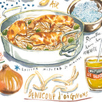 close-up image of a Senegalese yassa chicken recipe fine art print in watercolor featuring the ingredients and the finished dish, along with handwritten instructions in French.