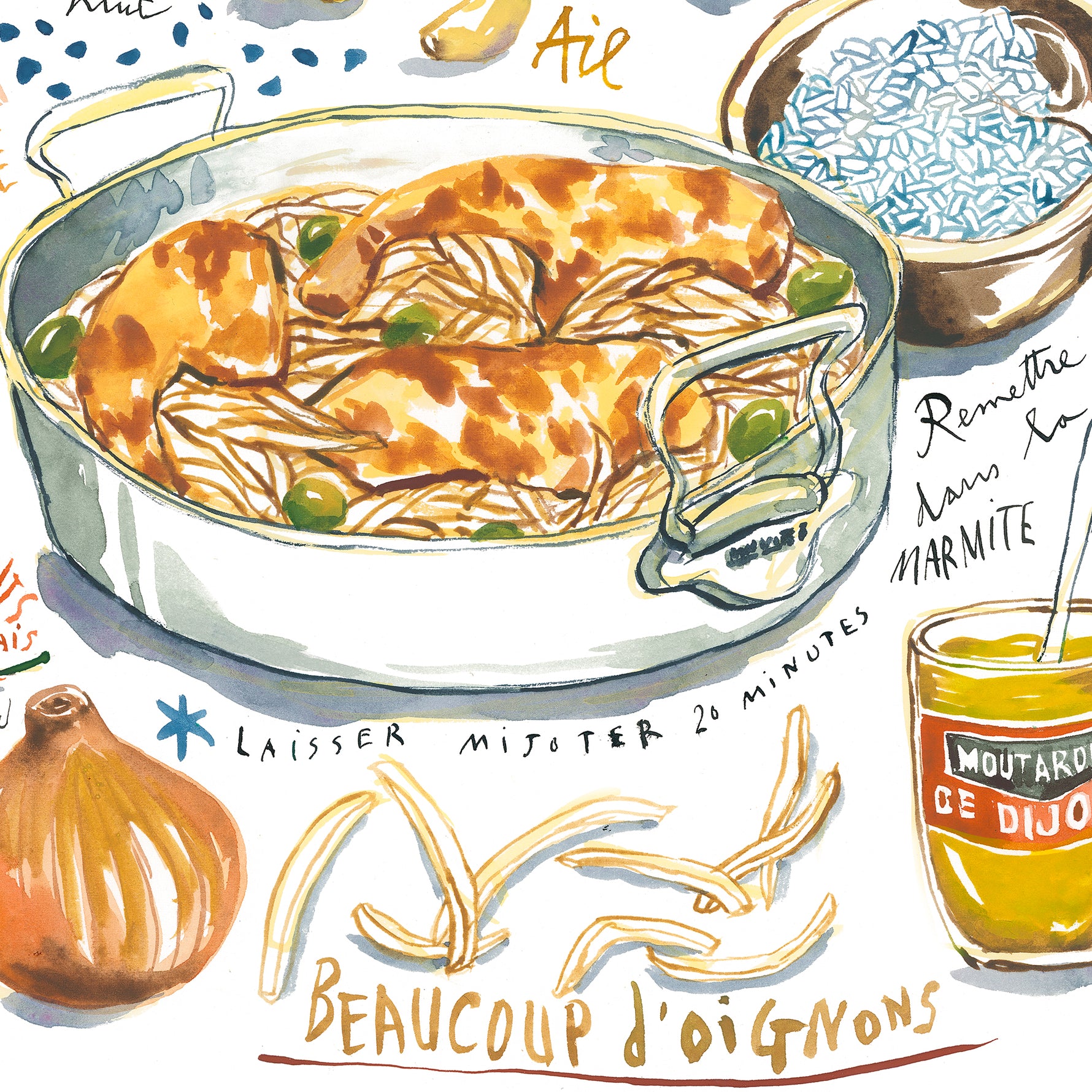 close-up image of a Senegalese yassa chicken recipe fine art print in watercolor featuring the ingredients and the finished dish, along with handwritten instructions in French.