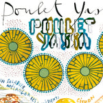 close-up image of a Senegalese yassa chicken recipe fine art print in watercolor featuring the ingredients and the finished dish, along with handwritten instructions in French.