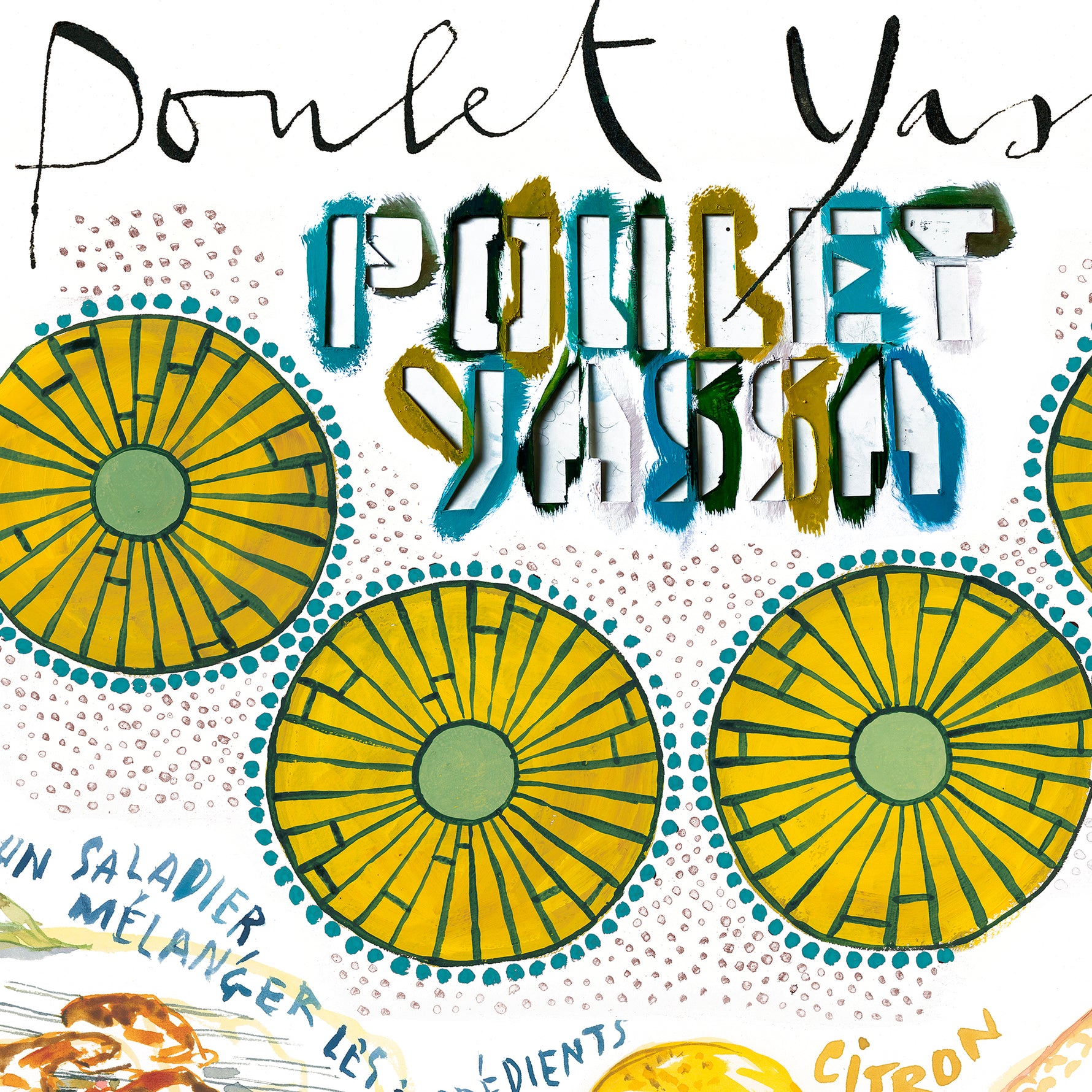 close-up image of a Senegalese yassa chicken recipe fine art print in watercolor featuring the ingredients and the finished dish, along with handwritten instructions in French.