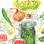 close-up image of a Spanish and Puerto Rican sofrito recipe fine art print in watercolor featuring the ingredients and the finished dish, along with handwritten instructions in English.