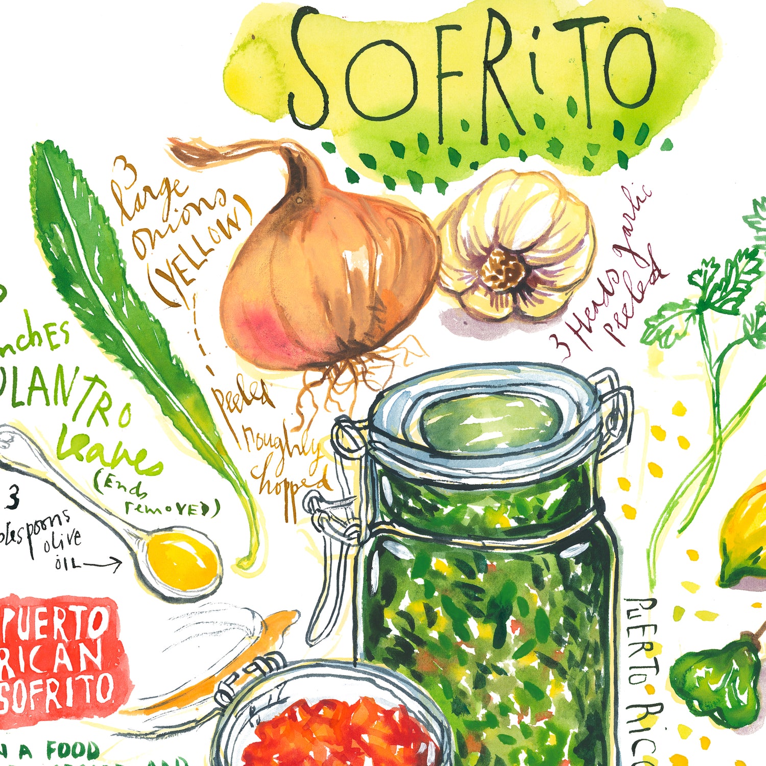 close-up image of a Spanish and Puerto Rican sofrito recipe fine art print in watercolor featuring the ingredients and the finished dish, along with handwritten instructions in English.