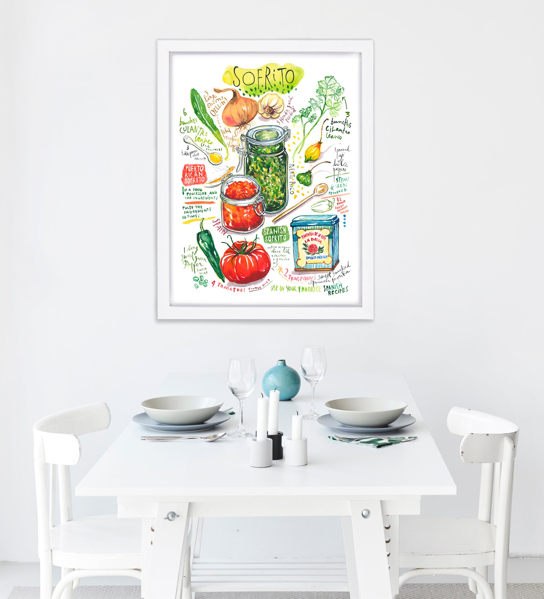 Spanish and Puerto Rican sofrito recipe fine art print in watercolor featuring the ingredients and the finished dish, along with handwritten instructions in English. The framed poster hanging in a dining space.