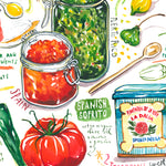 close-up image of a Spanish and Puerto Rican sofrito recipe fine art print in watercolor featuring the ingredients and the finished dish, along with handwritten instructions in English.