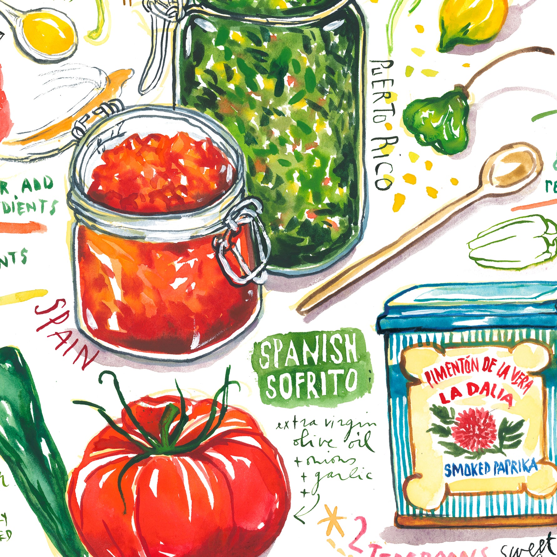 close-up image of a Spanish and Puerto Rican sofrito recipe fine art print in watercolor featuring the ingredients and the finished dish, along with handwritten instructions in English.