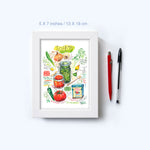 Spanish and Puerto Rican sofrito recipe fine art print in watercolor featuring the ingredients and the finished dish, along with handwritten instructions in English. The framed poster is shown on a white background 