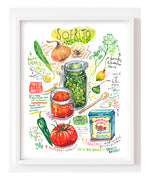 Spanish and Puerto Rican sofrito recipe fine art print in watercolor featuring the ingredients and the finished dish, along with handwritten instructions in English.