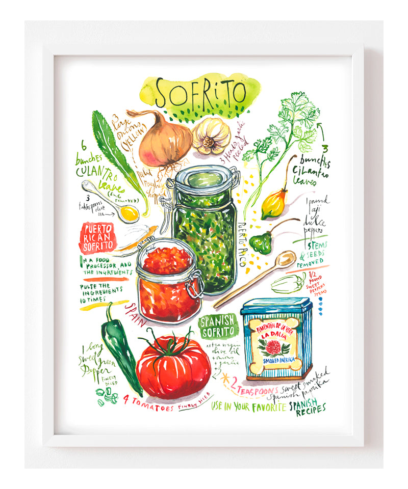 Spanish and Puerto Rican sofrito recipe fine art print in watercolor featuring the ingredients and the finished dish, along with handwritten instructions in English.
