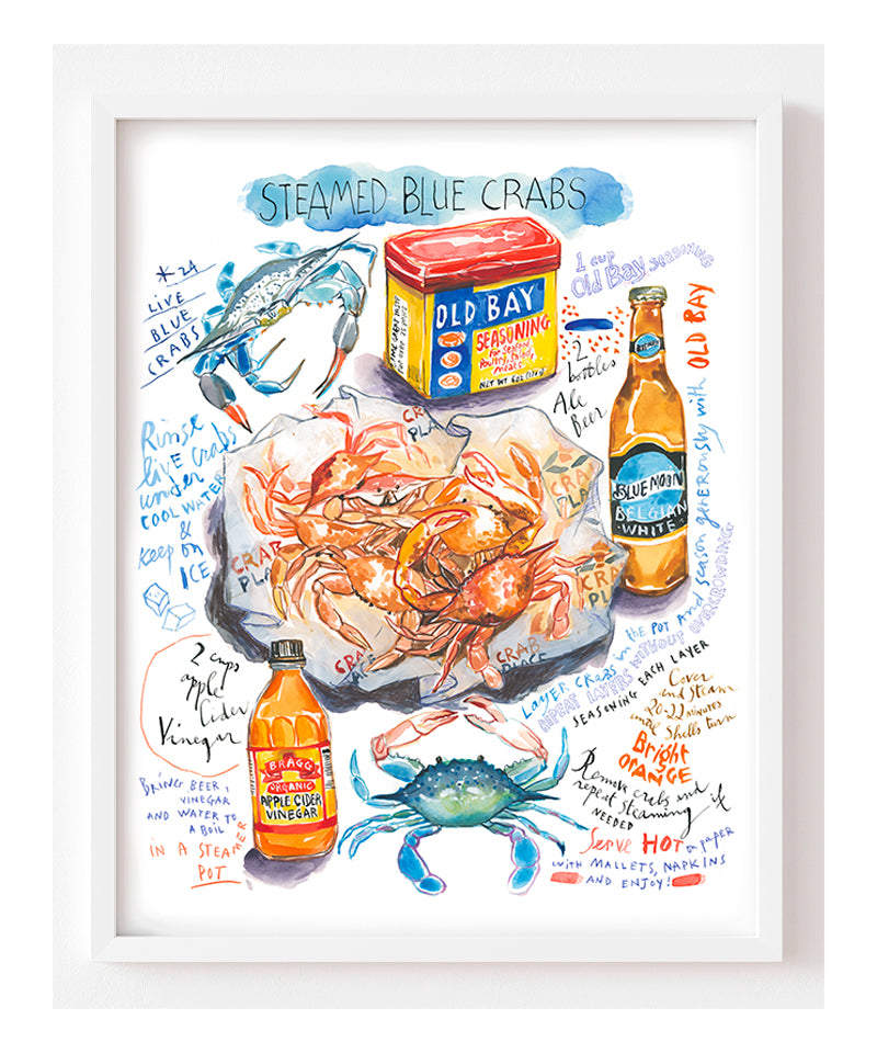 steamed blue crab recipe fine art print in watercolor featuring the ingredients and the finished dish, along with handwritten instructions in English.