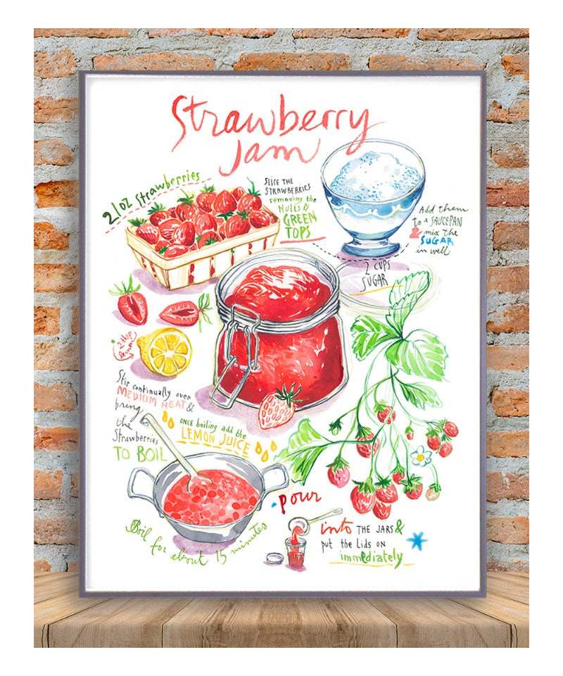 Strawberry Jam recipe watercolor painting print. The image shows the recipe process in illustration and is a mix of text in English and watercolor painting