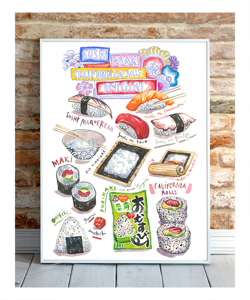 Sushi, Maki, Onigiri and California Rolls Watercolor Print