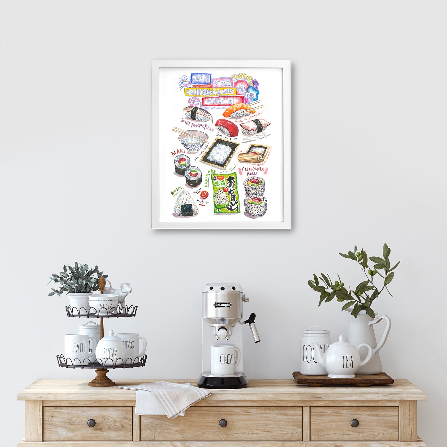 Sushi, Maki, Onigiri and California Rolls Watercolor Print