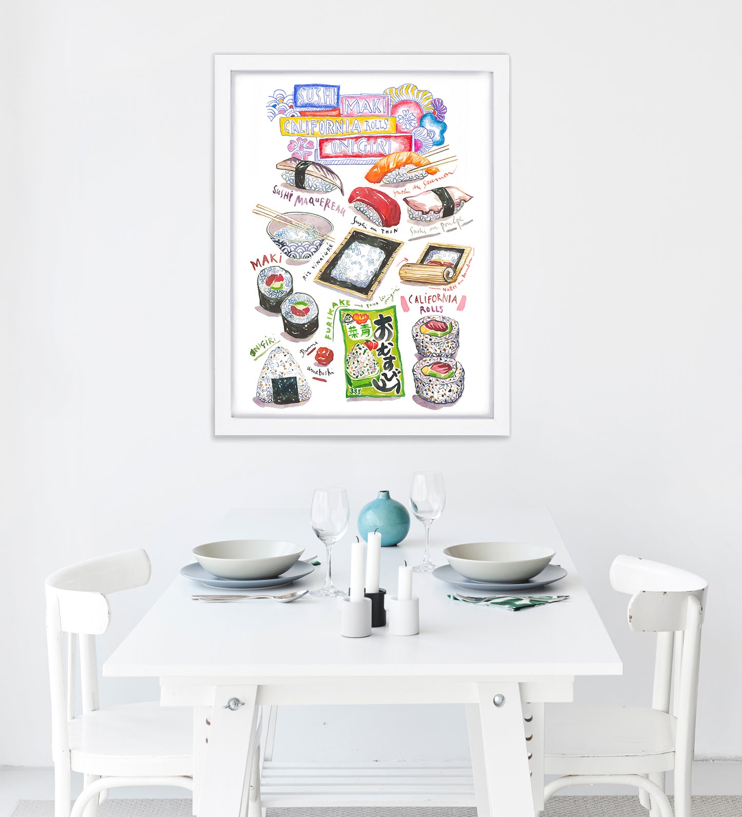 Sushi, Maki, Onigiri and California Rolls Watercolor Print