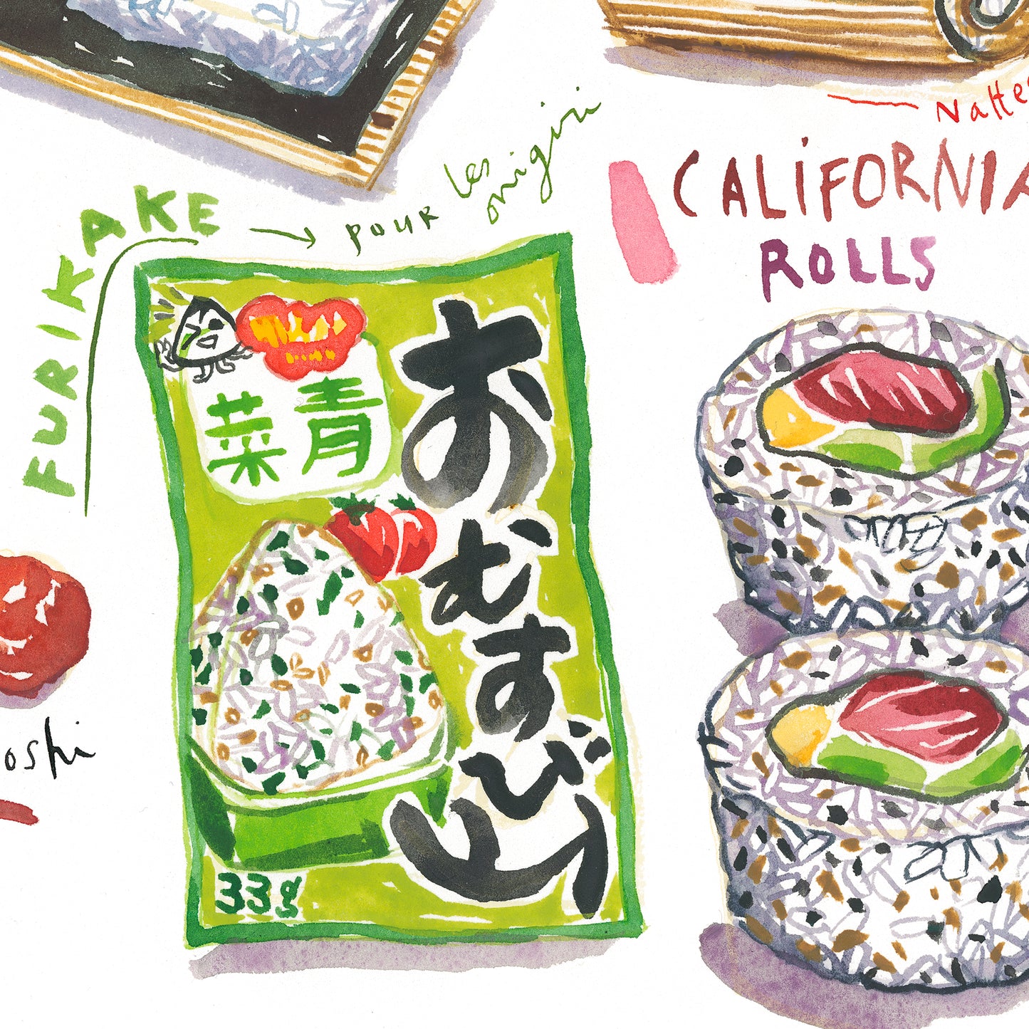Sushi, Maki, Onigiri and California Rolls Watercolor Print