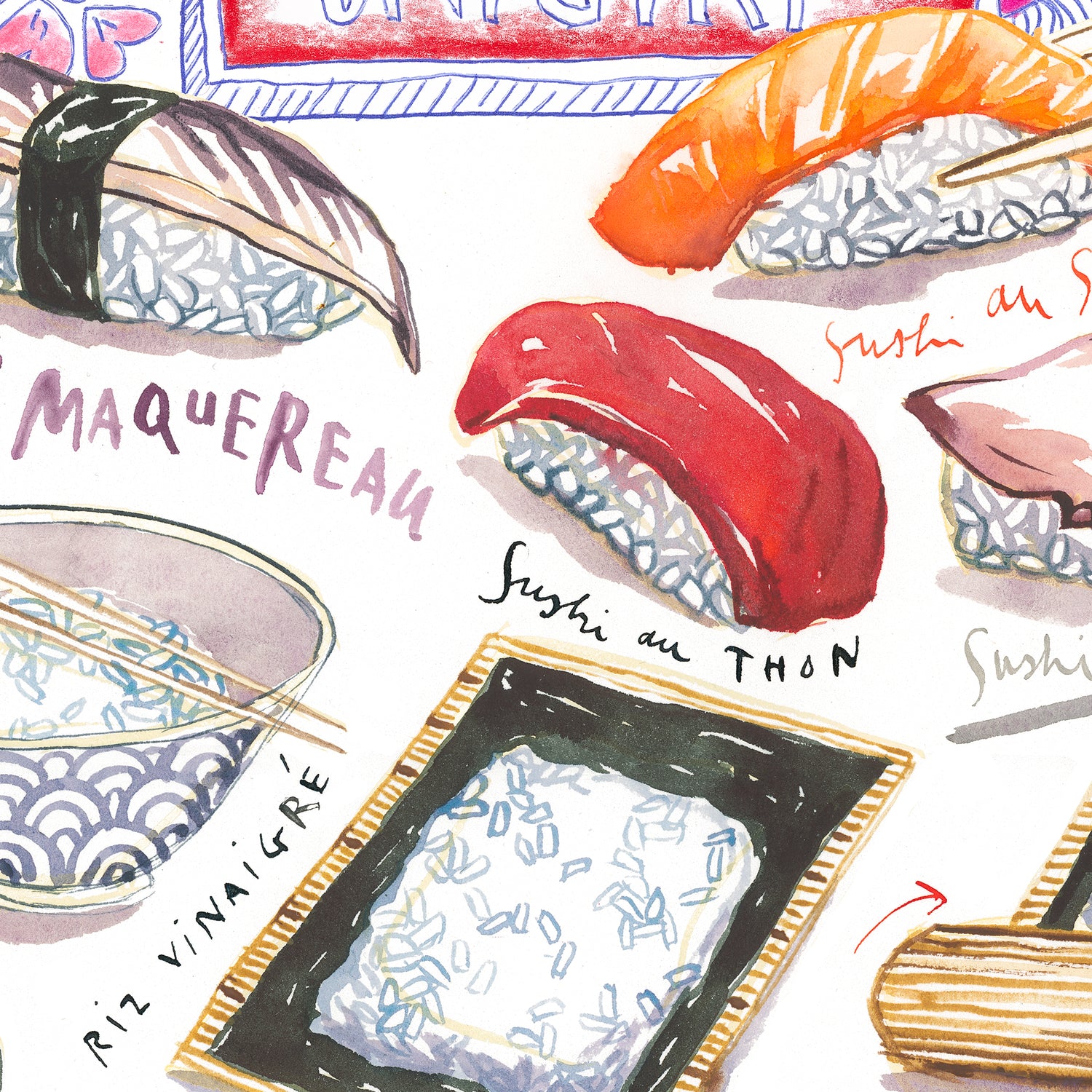 Sushi, Maki, Onigiri and California Rolls Watercolor Print
