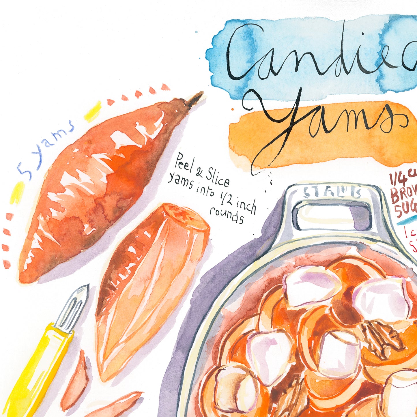 Candied Yams recipe. Original watercolor painting