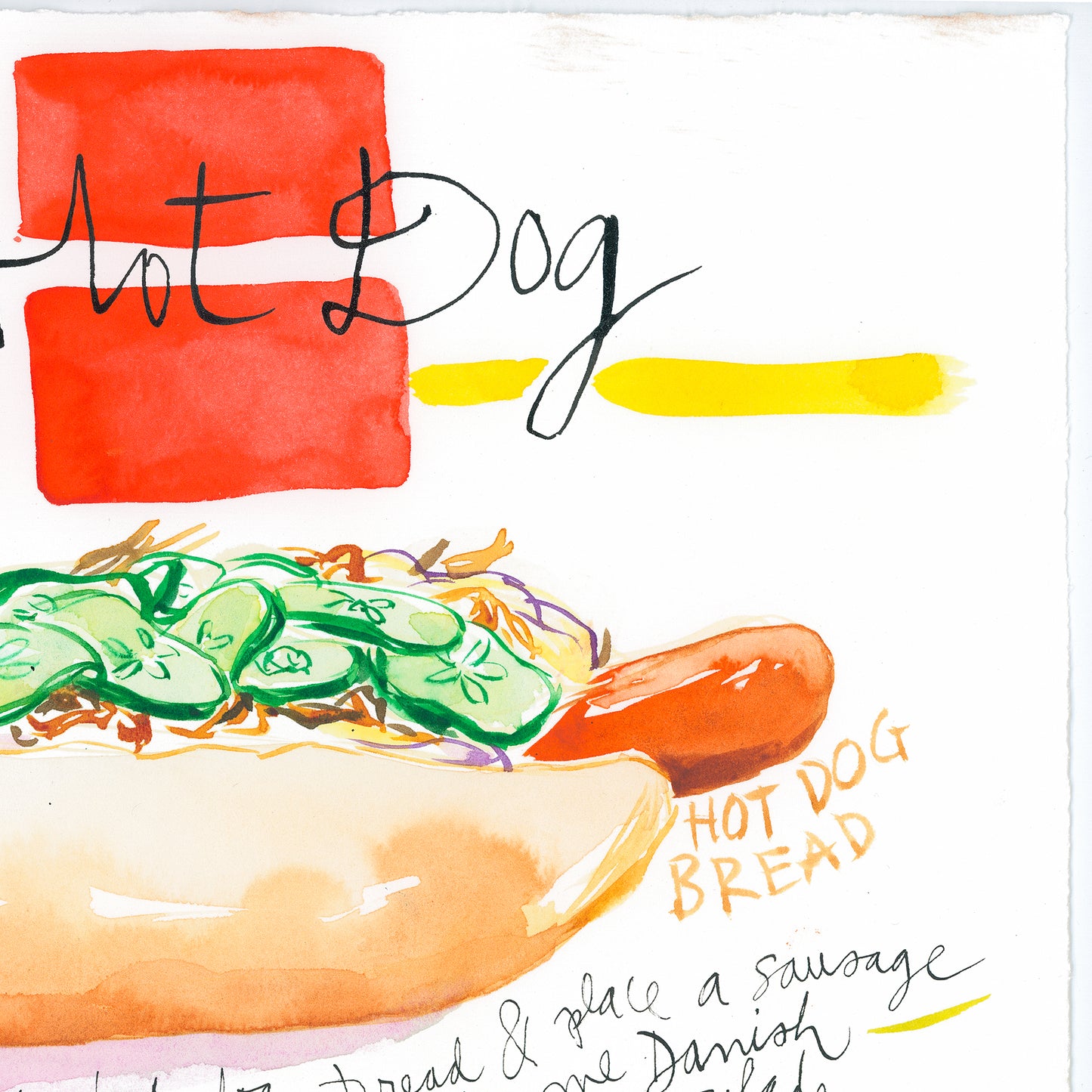 Danish Hot Dog recipe. Original watercolor painting